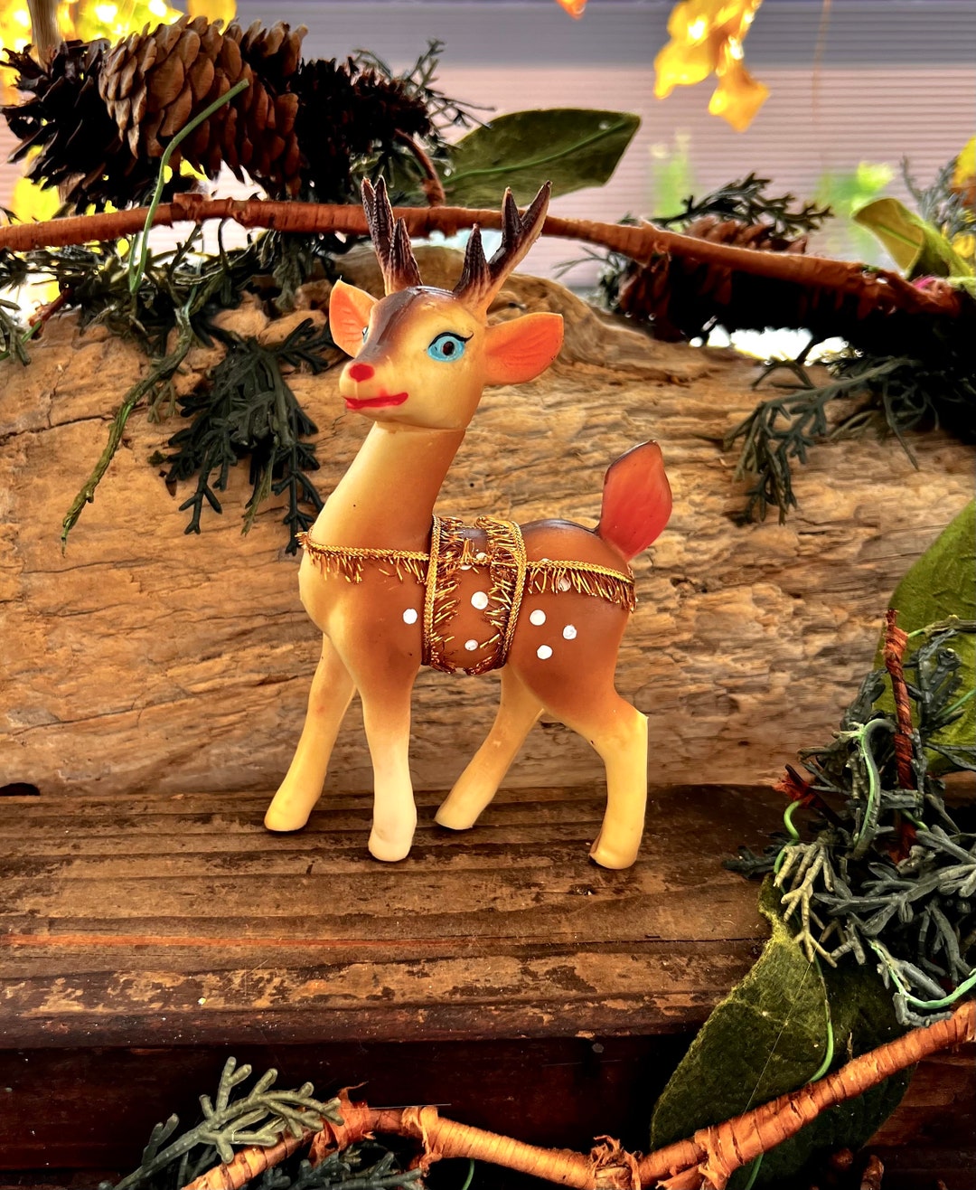 Vintage Reindeer Deer Christmas Ornament MCM 1960 1970 6 Glitter Swivel