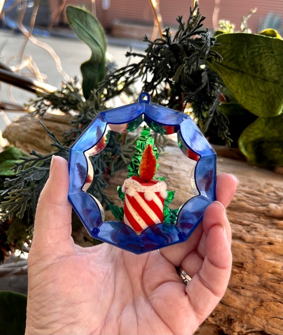 Vintage Jewelbrite Candle Christbaumschmuck MCM 1960 1970 Plastik Kerze Diorama Retro Kerze Striped Candle Retro Kitsch Decor