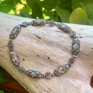 Vintage Micro Mosaic Pink Rose Bracelet 1910 1920 Victorian Grand Tour Panel Antique Bride Bridal Wedding Romantic Christmas Gift Her