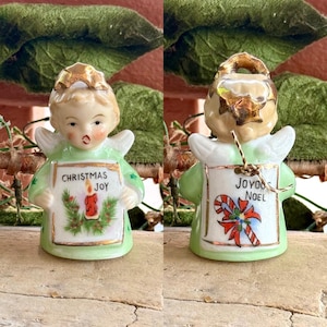 Vintage 1940 1950 Angel Christmas Bell Ornament MCM Ardalt Candy Cane Angel “Joyous Noel” & “Christmas Joy” Retro Kitsch Decor Ceramic Japan