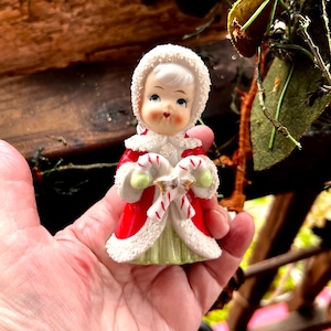 Vintage ENESCO Angel Candy Cane Figurine Christmas 1950 MCM Retro Kitsch Angel Ceramic Spaghetti Trim Angel Candy Cane Victorian Girl Japan