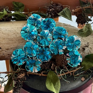 Vintage Atomic Pom Pom Christmas Ornament MCM 1960 1970 Retro Kitsch Aluminum Foil Tree Ornament Turquoise Blue Silver Foil 3” Set 12