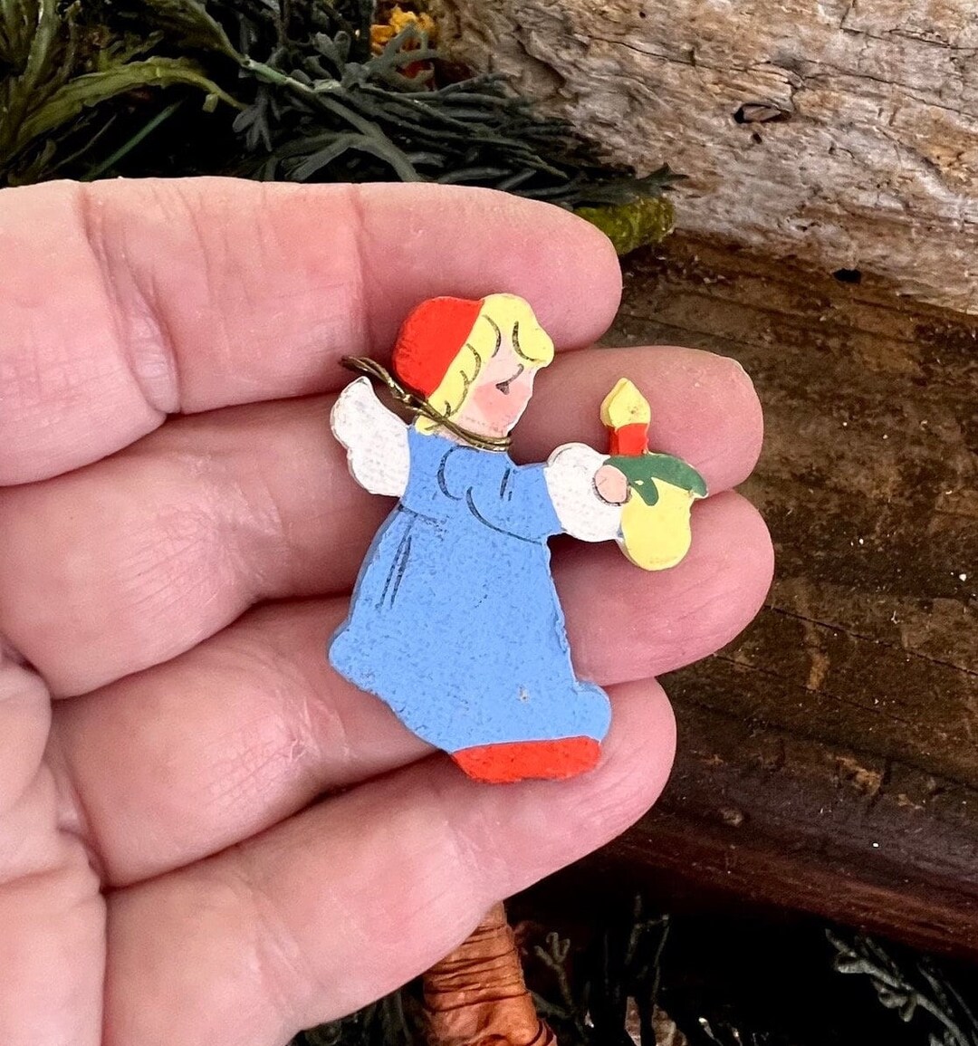 Vintage Wooden Angel Christmas Ornament MCM 1950 1960 Erzgebirge Angel