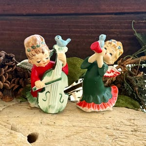 Vintage LEFTON Angel Christmas Figurine 1950 MCM Musical Angel Cello Blue Bird Horn Trumpet Ceramic Valentine Japan Retro Kitsch Decor Set 2