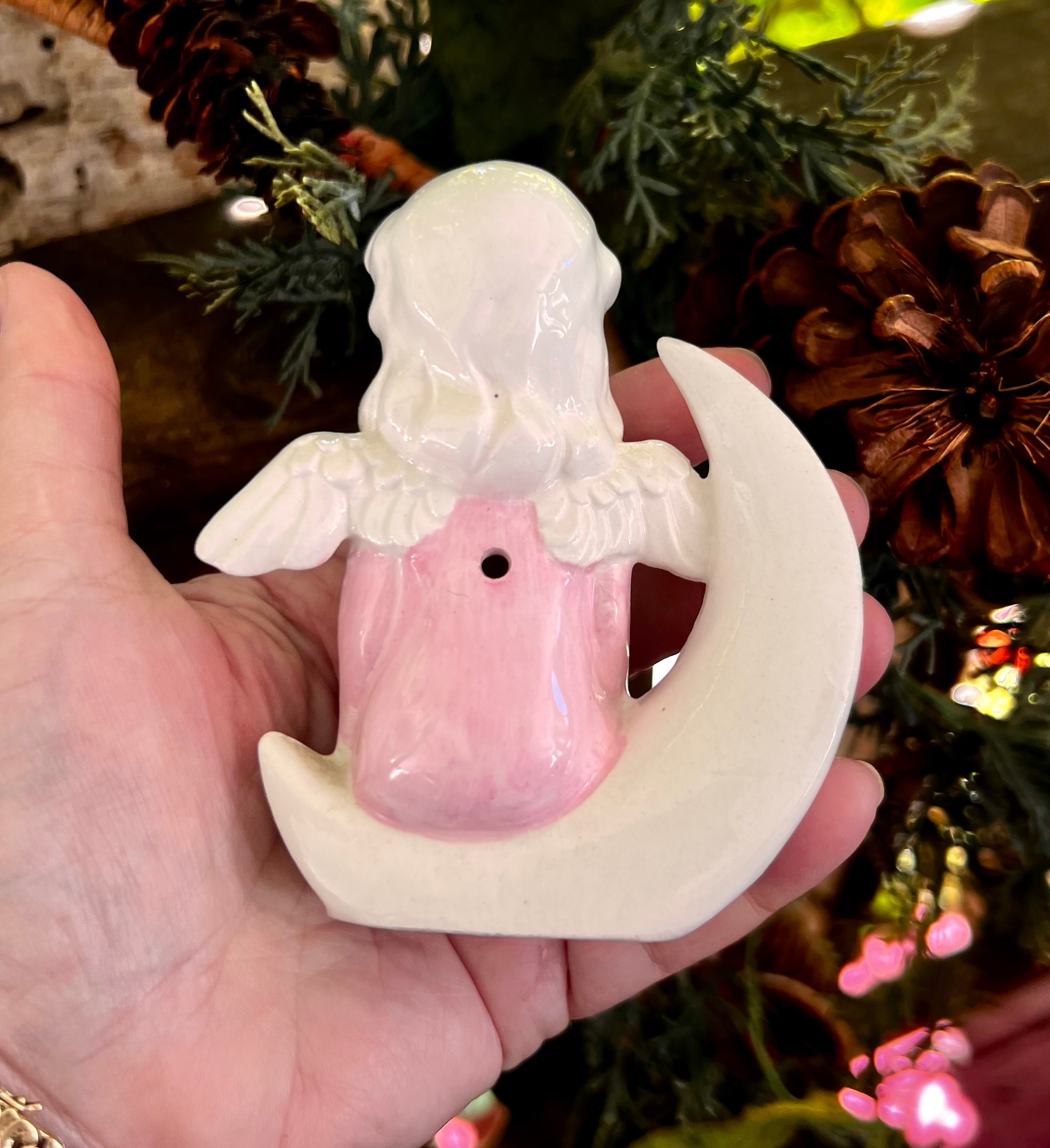 Vintage Pink Angel Figurine 1950 MCM Ceramic Angel Crescent