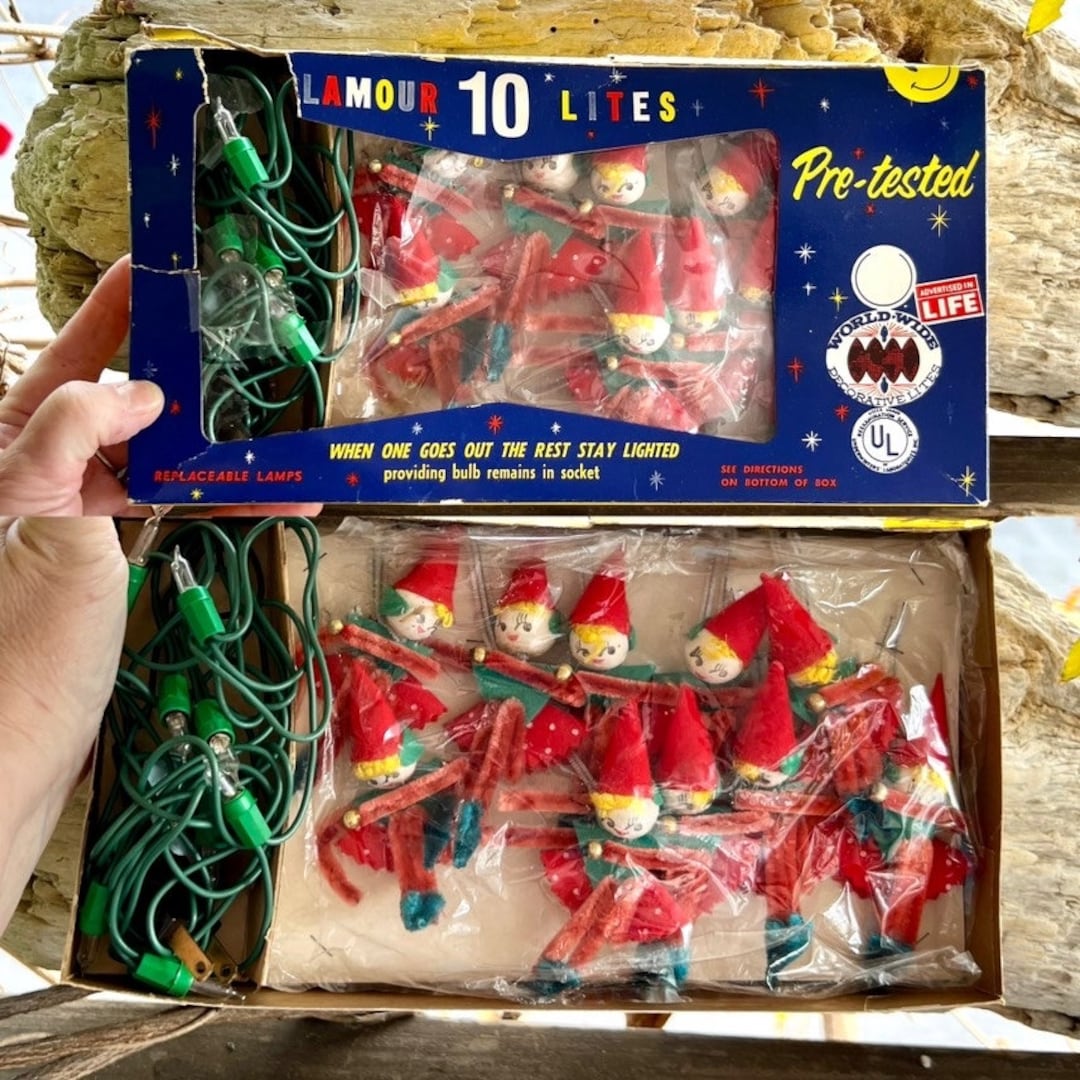 Vintage Elf Pixie Strand Lights Spun Cotton Elf Christmas Lights Retro