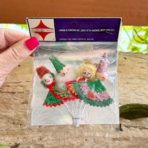 Vintage Elf Pixie Princess Santa Christmas Ornament MCM 1960 1967 Spun Cotton Glitter Japan Package Tie On Retro Kitsch Decor Set 4 NIOP