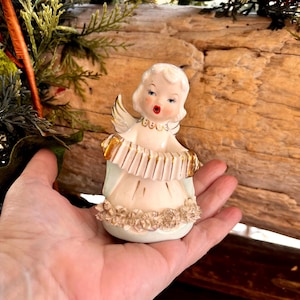 Vintage Mid Century Christmas Angel Figurine 1950 Ceramic BlueAngel Fine A Quality Porcelain Japan Accordion Spaghetti Trim Easter  Decor
