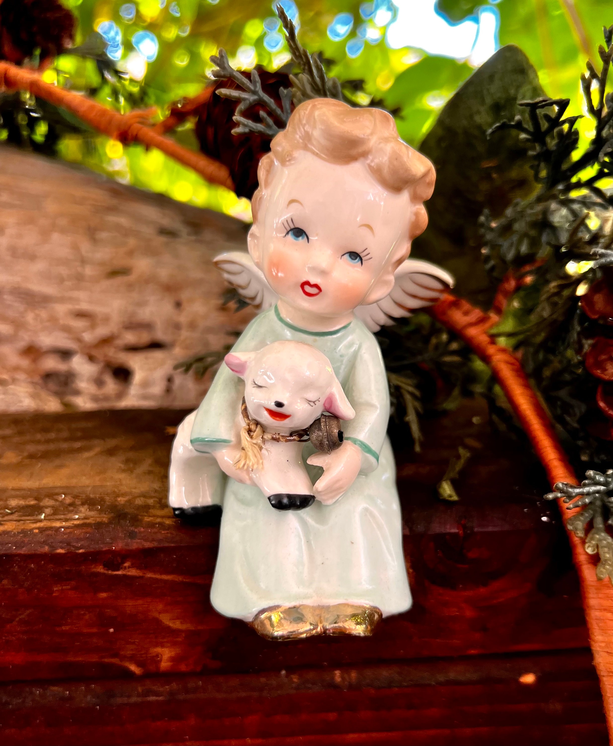 Vintage Angel Lamb Christmas Figurine 1950 MCM Ceramic Angel Lamb