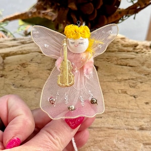 Vintage Pink Tulle Angel Christmas Ornament MCM 1950 1960 Angel Package Tie On Musical Angel Violin Retro Kitsch Valentine Easter NOS MINT