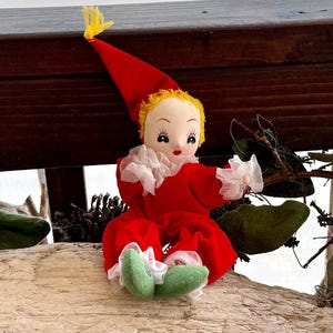 Vintage Pixie Knee Hugger Christmas Ornament 1960 1970 8 1/2” Stockinette Cloth Face Red Velour Japan Retro Kitsch Decor