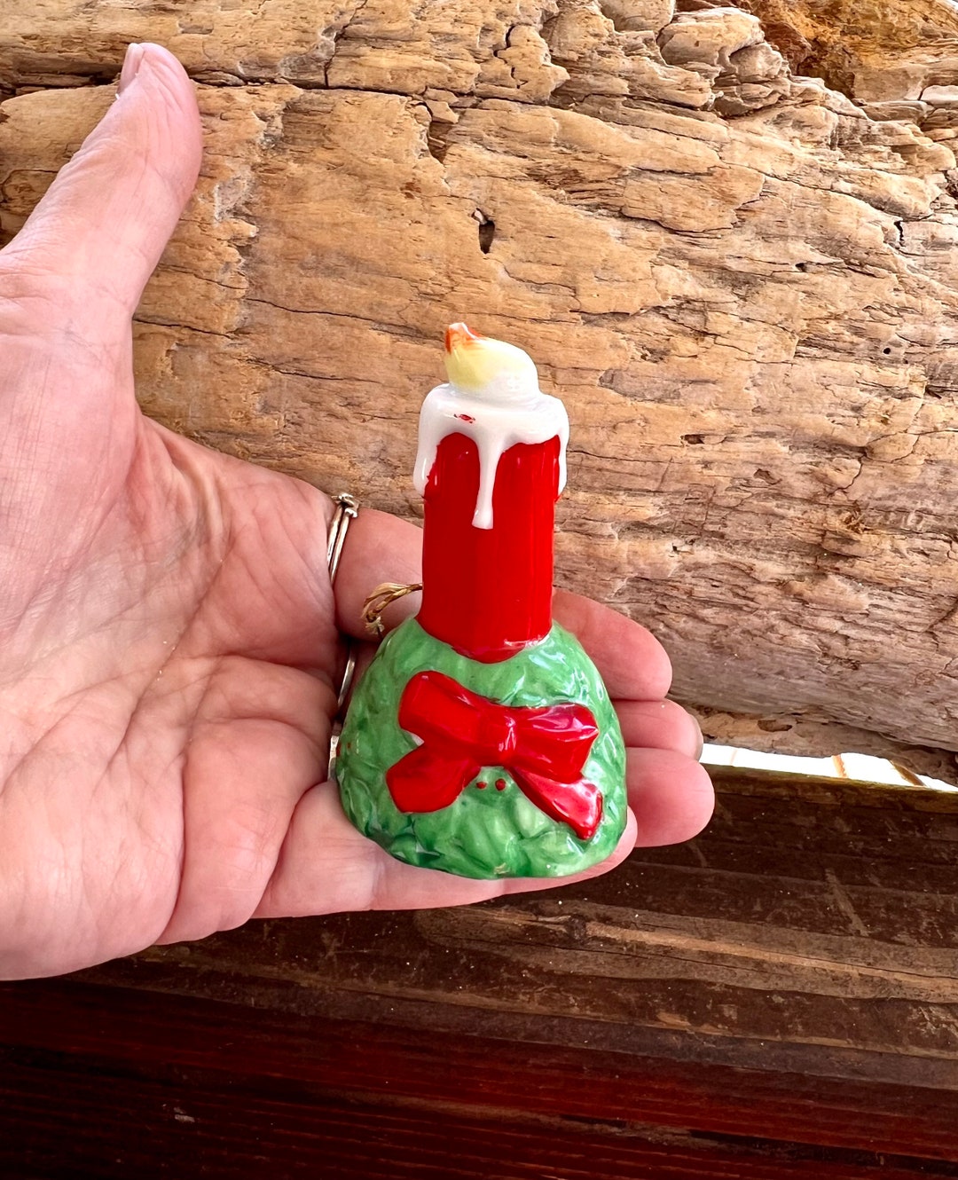 Vintage Candle Christmas Ornament Bell 1940 1950 MCM Ceramic Candle Bell Retro Kitsch 3 Candle