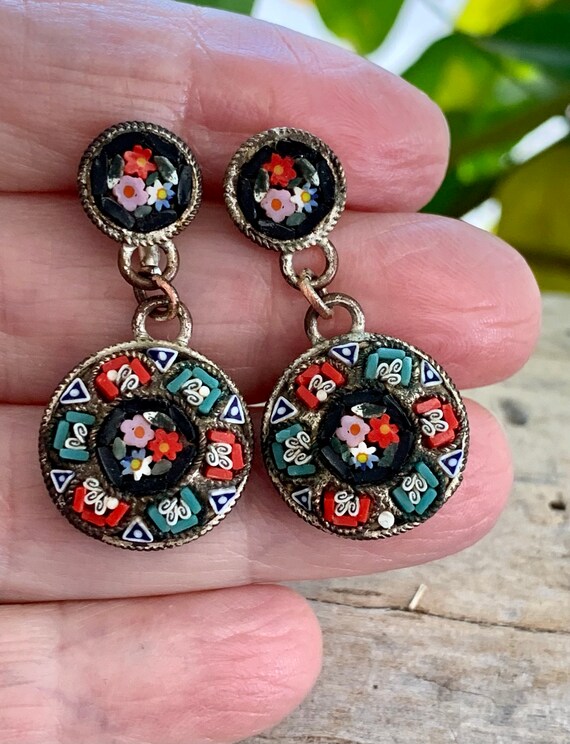 Vintage Micro Mosaic Rose Earrings Mosaic Floral … - image 3