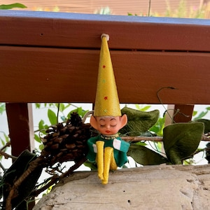 Vintage Elf Pixie Knee Hugger Christmas Ornament 8” 1950 1960 Plastic BRINNS Pointed Cone Hat Posable Retro Kitsch Decor