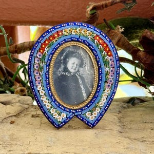 Vintage Micro Mosaic Frame Italian Horseshoe Floral Stand Up 1920 Florence Venice Italy Antique Vanity Dresser Photo Retro Decor Mothers Day