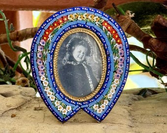 Vintage Micro Mosaic Frame Italian Horseshoe Floral Stand up