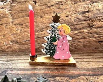 Vintage Pink Angel Christmas Candleholder Tree Wood Wooden 1940 Angel Heart West German US Zone Western Germany Candle Holder