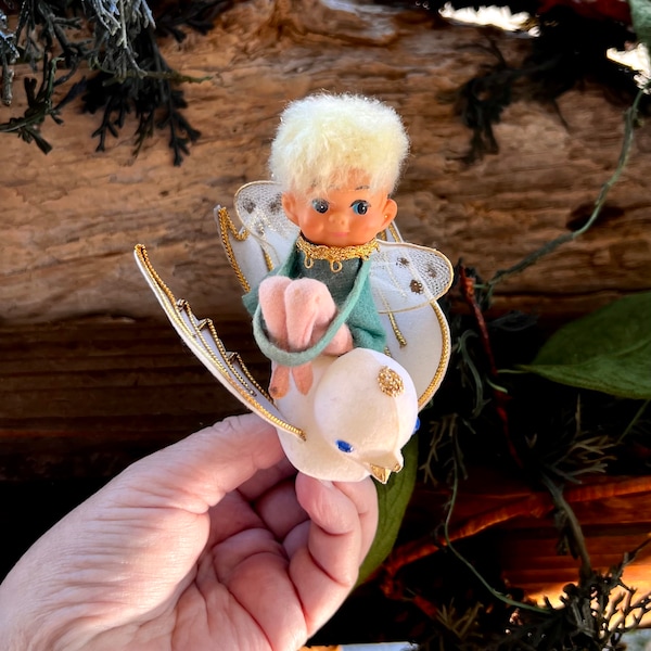 Vintage Pixie Knee Hugger Bird Christmas Ornament 1960 Flocked Bird Plastic Mod Pixie Riding Bird Dove Clip On Retro Kitsch Easter Decor