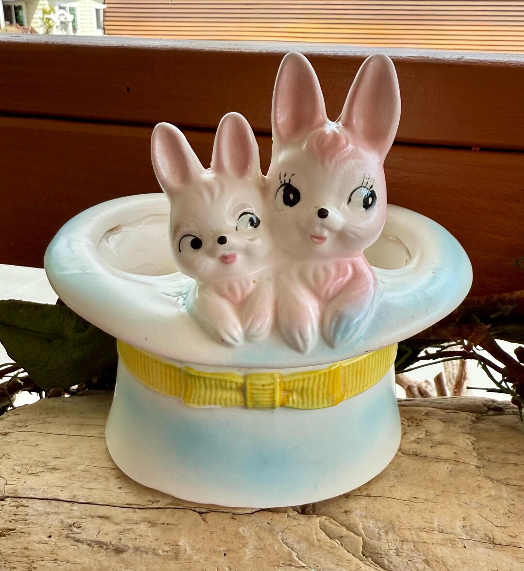 Vintage Pink Mama Baby Bunny Hat Planter MCM 1950 1960