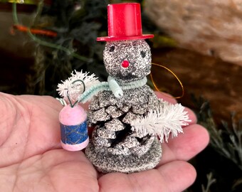 Vintage Mica Snowman Pinecone Christmas Ornament MCM 1950 1960