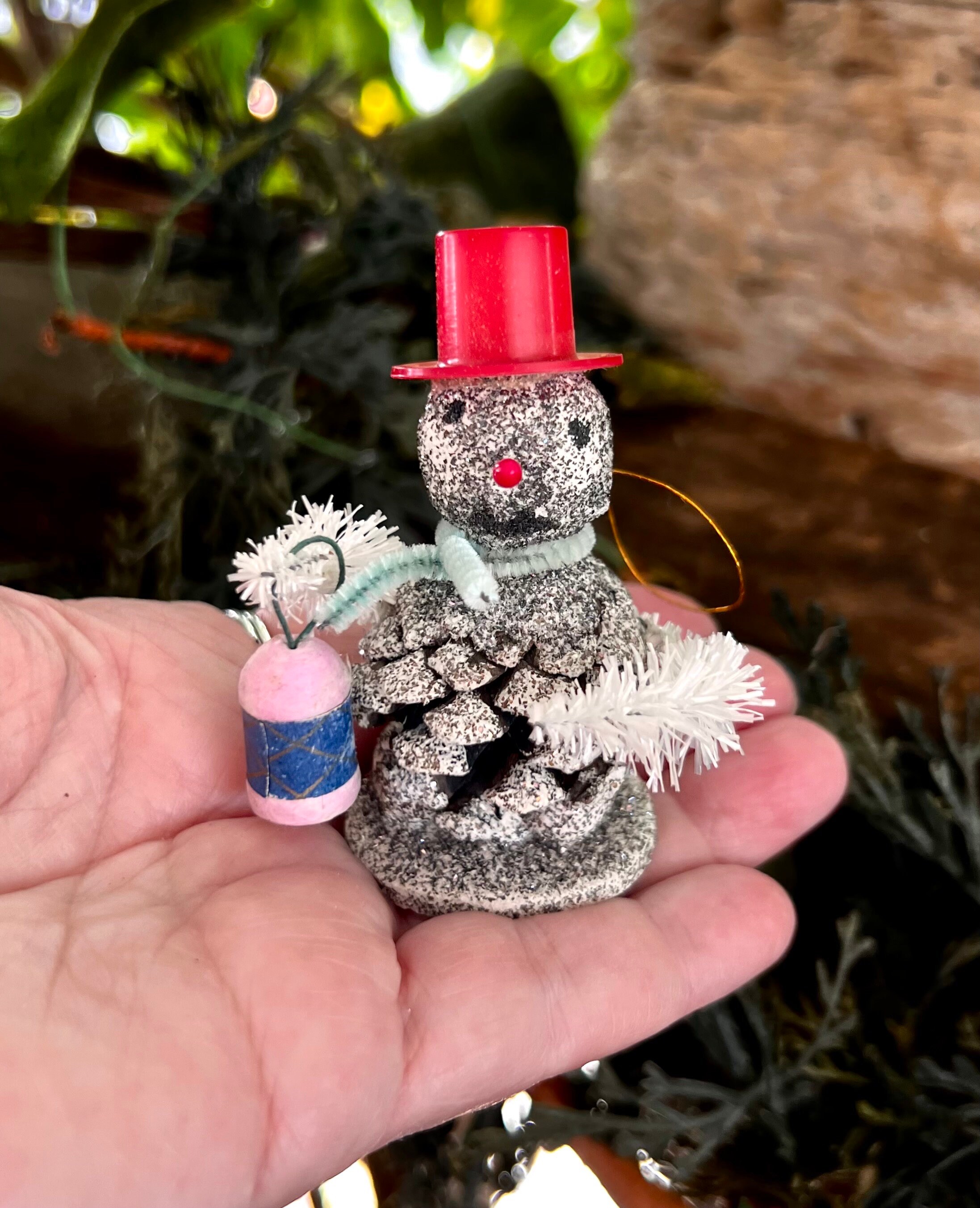 Vintage Mica Snowman Pinecone Christmas Ornament MCM 1950 1960