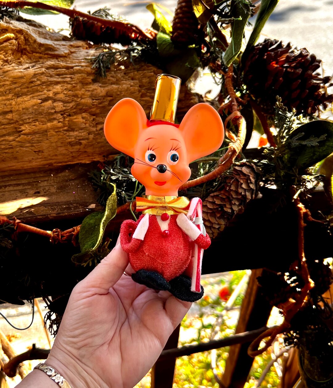 Vintage Mouse Candy Cane Christmas Ornament MCM 1960 1970 Rubber