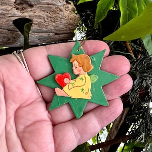 Vintage Erzgebirge Angel Heart  Christmas Ornament 1960 Angel Star  East Germany Feather Tree  Wooden  Star Retro Kitsch Valentine Decor