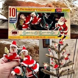 Vintage Christmas Santa String Lights Spun Cotton 1960 1970 Flocked  Bottlebrush Tree Retro Kitsch Decor Set 10 IOB Country Christmas