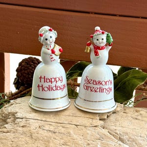 Vintage NAPCO Snowman Bell Christmas 1960 1970 Anthropomorphic Snowman Spaghetti Trim Bone China Retro Kitsch Winter Decor Set 2