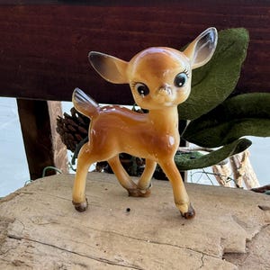 Vintage Anthropomorphic Deer Fawn Christmas Retro Kitsch Celluloid Deer Fawn Figurine MCM Plastic Blue Eyed Doe Deer Fawn Japan Unsigned