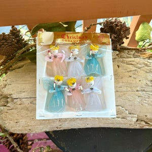 Vintage 1950 1960 Tulle Angel Christmas Ornament Spun Cotton Pink Blue White Angel Japan Retro Kitsch  Valentine Easter Decor Set 6 NIOP