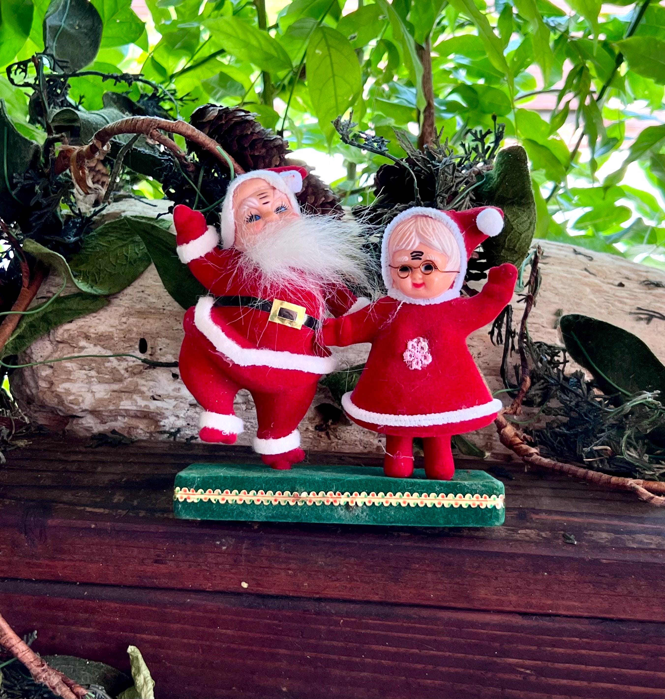 Vintage Christmas Dancing Santa Flocked Claus & Mrs Claus Ornament