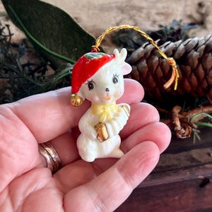 Vintage NAPCO Christmas Ceramic Deer Reindeer Figurine MCM 1960 1970 Anthropomorphic Yellow Bow Tie Japan Retro Kitsch Decor “Comet”