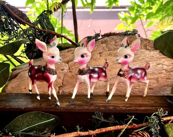 Vintage Celluloid Reindeer Deer Christmas Ornament 1930 1940 Plastic Boy Girl Spotted Glitter Deer Reindeer Retro Kitsch Holiday Decor Set 3