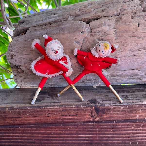 Vintage Santa Girl Skater Christmas Ornament MCM 1950 1960 Felt Skater Delta Japan Pipe Cleaner Retro Kitsch Winter Holiday Decor Set 2