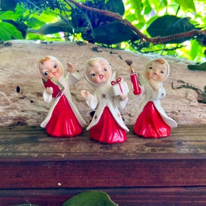 Vintage 1950 Angel Girl Christmas Figurine Ornament MCM Ceramic Choir Angel Songbook Candle Starburst Gift Retro Kitsch Holiday Decor Set 3