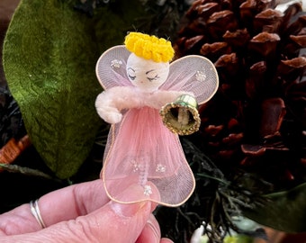 Vintage Pink Angel Christmas Ornament Tulle Angel Ornament 1950 1960 Japan Spun Cotton Angel  Retro Pipe Cleaner MCM Spring Easter Decor