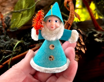 Vintage Blue Pixie Gnome Christmas Ornament 1950 1960 MCM Retro Kitsch Flocked Pixie Gnome Bottlebrush Tree Pipe Cleaner Retro Kitsch Decor