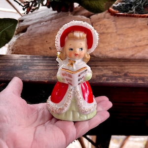 Vintage LEFTON Angel Christmas Bell Angel Songbook Ornament 1950 MCM Ceramic Spaghetti Trim Angel Girl Japan Retro Kitsch Decor Valentine