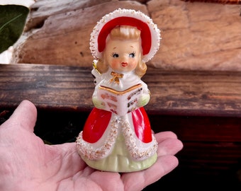 Vintage LEFTON Angel Christmas Bell Angel Songbook Ornament 1950 MCM Ceramic Spaghetti Trim Angel Girl Japan Retro Kitsch Decor Valentine