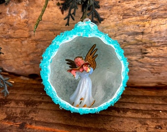 Vintage Jewelbrite Sugar Angel Christmas Ornament Angel Diorama Ornament 1960 1970 Plastic Sugared Angel Hair 3” Ornament MCM Easter Decor