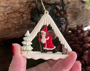 Vintage1940 1950 Santa Diorama Christmas Ornament Santa Toys MCM Ges Gesch Santa West Germany Santa Feather Tree Santa Retro Kitsch Decor
