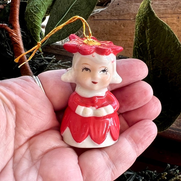 Vintage Poinsettia Angel Christmas Bell 1940 1950 Poinsettia Girl Bell Japan Retro Kitsch Ceramic Poinsettia Flower Girl Bell