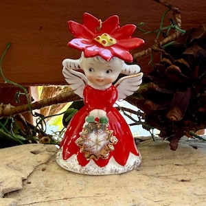 Vintage 1950 NAPCO Christmas Poinsettia Angel  Bell Ornament MCM Angel Snowflake Bell Ceramic Angel Bell Japan Retro Kitsch Decor