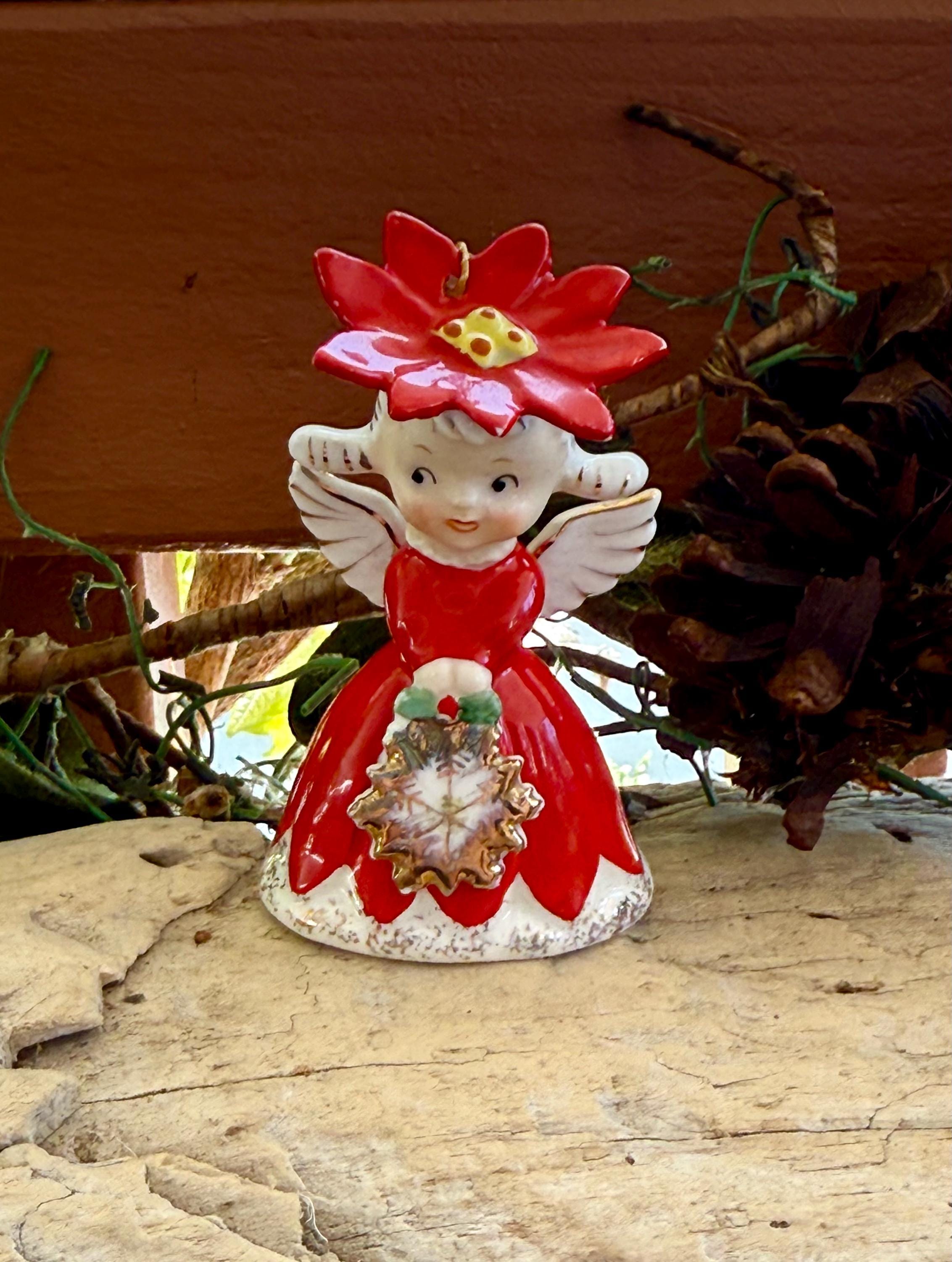 Vintage 1950 NAPCO Christmas Poinsettia Angel Bell Ornament MCM
