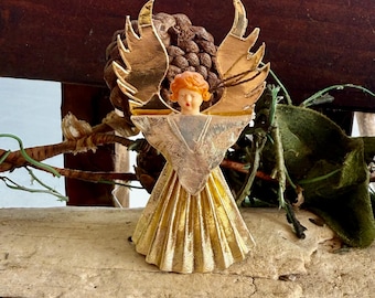 Vintage West Germany Foil Angel Christmas Ornament Feather Tree 1950 Foil Gold Angel Topper Plastic Rauschgoldengel Retro Kitsch Decor
