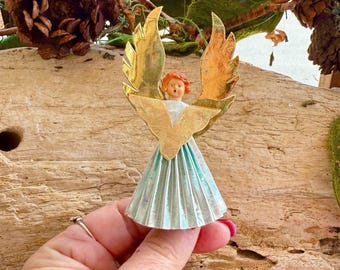 Adorno navideño vintage de ángel azul de 1950, Alemania Occidental, con plumas, para árbol de Navidad, estilo MCM, de plástico, Rausch, retro, kitsch.