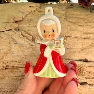 Vintage ENESCO Angel Bell Christmas Ornament 1950 MCM Victorian Angel Bell Ornament Retro Kitsch Ceramic Harp Ornament Japan