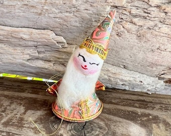 Vintage Santa Elf Pixie Gnome Christmas Ornament 1940 1950 Retro Spun Cotton Santa Ornament Paisley Santa Japan MCM Retro Kitsch Santa