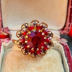 Vintage 1970 Floral Red Rhinestone Ring Sarah Coventry Ring Statement  Ring Retro Red Bride Bridal Ring Wedding Christmas Gift Her